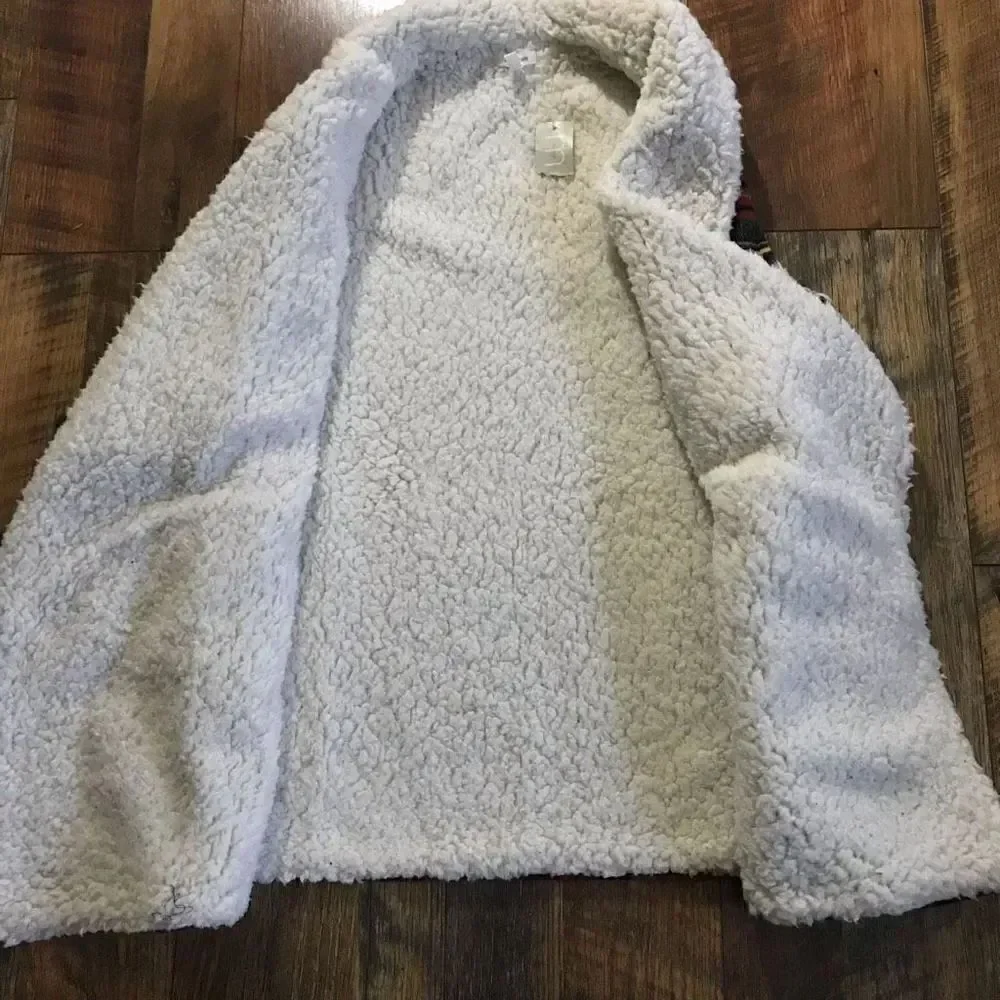 Maurices Vest SZ small plaid wool sherpa lining open front tan green warm